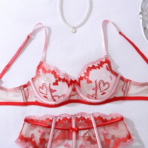Close-up of heart embroidery details on pink and red lace lingerie with bow