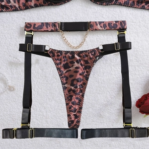 Detail of leopard print lingerie set with gold chain accents on plush background