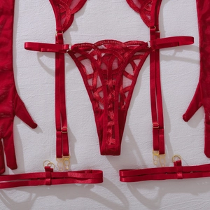 Detailed view of red lace lingerie set featuring embroidery and adjustable gold metal buckles
