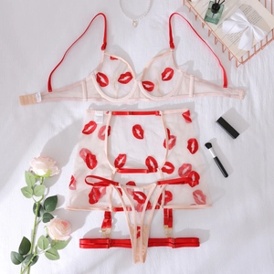 Detailed flat lay of mesh lingerie set featuring red lip embroidery and garter accessories