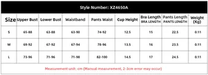 Detaillierte Größentabelle für Spitzenunterwäsche-Set mit Maßen für S, M, L in cm