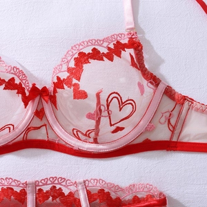 Close-up of pink mesh bra with red heart embroidery and elegant satin bow detail