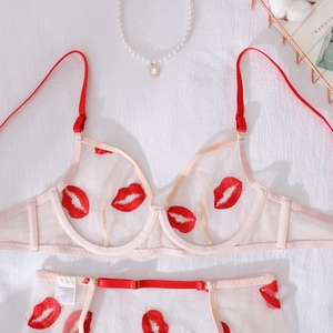 Detail of red lip embroidery on sheer pink mesh lingerie set with pearls