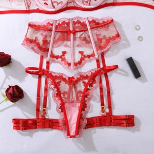 Detailed close-up of heart embroidery mesh garter belt and thong with bow accents