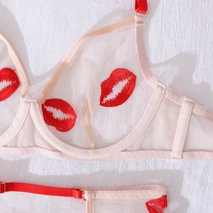 Detailed close-up of sheer mesh bra with red lip embroidery and satin straps