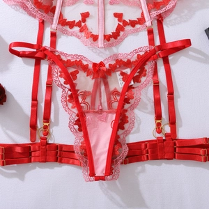 Close-up of heart embroidery lace lingerie with red elastic straps and gold buckles