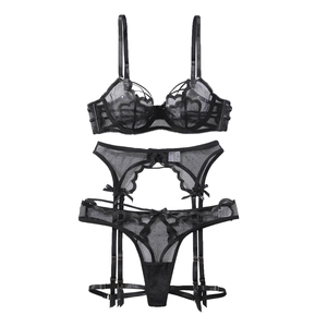 Ensemble de lingerie 3 pièces en dentelle noire avec broderie florale et tulle taille S