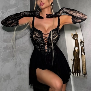 Sexy black lace cutout bodysuit with halter neck string detail and matching long gloves