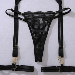 Detailed view of black lace garter belt and thong set with adjustable gold buckles