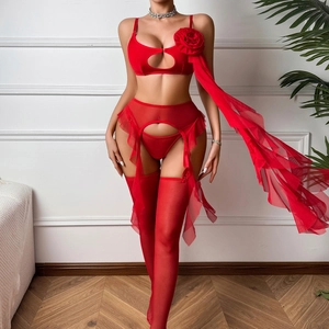 Ensemble de Lingerie Sexy à Volants en Mesh Décoration Rose Rouge Avec Soutien-gorge Floral 3D Top And Bottom pour Femmes