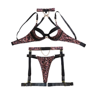 Sexy leopard print lingerie set with metal chain details and hollow-out lace design