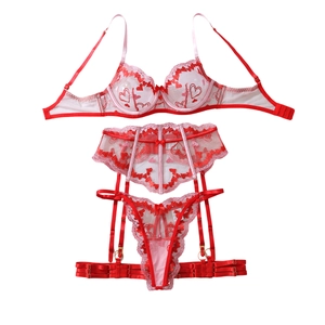Three-piece red heart embroidery mesh lingerie set with underwire bra and garter belt