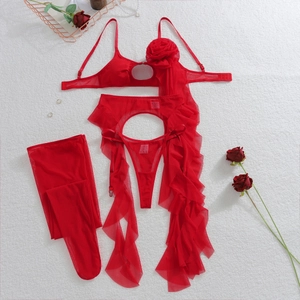 Détail de la lingerie en résille rouge avec roses 3D, volants en dentelle et broderies