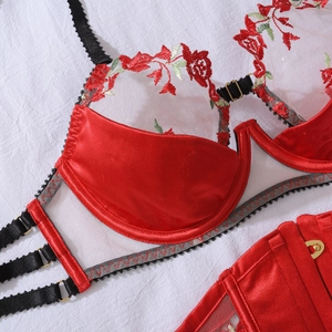 Detail of red rose embroidery on white mesh with elegant black lace and gold hardware