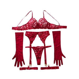 Five-piece red lace lingerie set with embroidery, garter belt, gloves, and leg rings