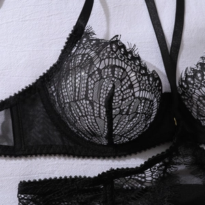 Nahaufnahme von schwarzem Wimpernspitzen-Dessous-Set mit transparentem Muster und Wellenrand