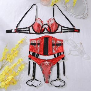 Detail of red floral lace lingerie set with embroidery and garter belt on white surface