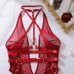 Detailed close-up of red mesh bodysuit featuring complex straps and gold metal ring hardware