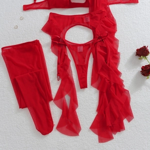 Vue détaillée d'un ensemble de lingerie en résille rouge avec volants et étiquettes