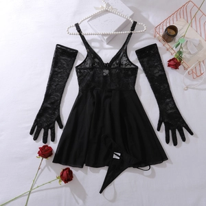Detailed view of black lace bodysuit lingerie set with matching long gloves and G-string