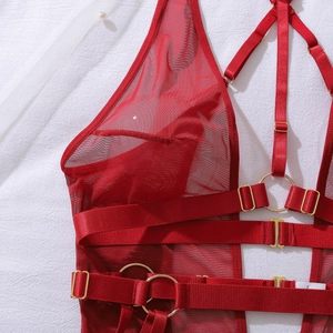 Detail of red mesh bodysuit featuring sheer fabric, metal rings, and adjustable straps