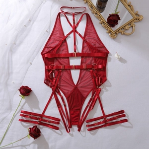 Detailed view of red mesh bodysuit with strappy bondage design and metal adjusters