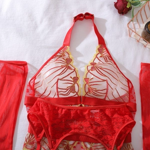 Ensemble de lingerie en dentelle rouge avec broderie florale et bas assortis