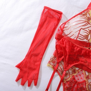 Vue détaillée d'un ensemble de lingerie en dentelle rouge avec broderie dorée et gants