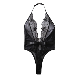 Sexy black lace bodysuit with sheer mesh embroidery and halter neck tie design