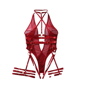 Red sheer mesh bodysuit with halter neck, intricate multi-strap design and metal buckles