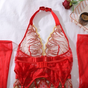 Détail de lingerie en dentelle rouge avec broderie papillon et licou sur tissu blanc