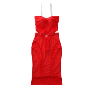 Vestito midi sexy rosso in mesh patchwork con ritagli in vita e scollo a cuore