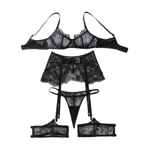 Ensemble lingerie sexy en dentelle noire transparente avec baleines de corset et sangles