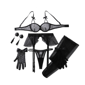 Set lingerie sexy in pizzo nero trasparente con rete a pois, fiocchi e guanti lunghi