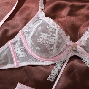 Détail de soutien-gorge en dentelle blanche avec bord satin rose et pendentif nœud