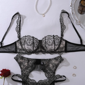 Close-up of black floral eyelash lace lingerie set with detailed embroidery and wire support