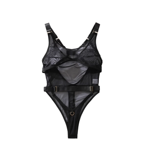 Body sexy en mesh noir transparent avec ceinture en satin et boucles en métal