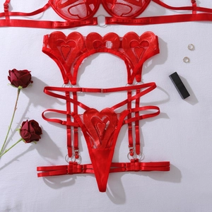 Detail of red heart embroidery on sheer mesh lingerie set with garter belt and metal rings