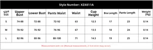 Detailed size chart for lace lingerie set including bust and waist measurements in cm