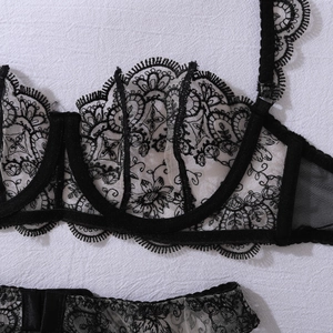 Detail of intricate vintage floral embroidery on black sheer lace bra with underwire support