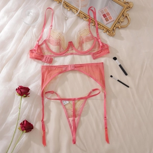 Detail view of pink lace lingerie set with yellow embroidery and soft mesh fabric