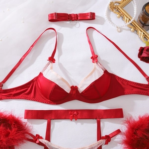 Detail view of red lingerie set with bow decor, feather cuffs, and elegant gold frame accessories
