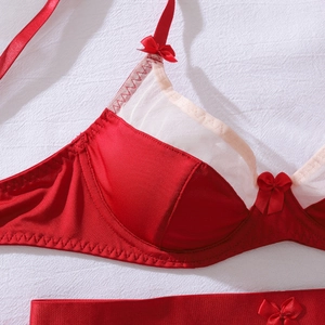 Detail of red satin lingerie set featuring cream mesh lace and delicate silk bow accents