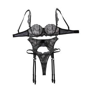 Three-piece black floral lace lingerie set with underwire bra garter belt and thong