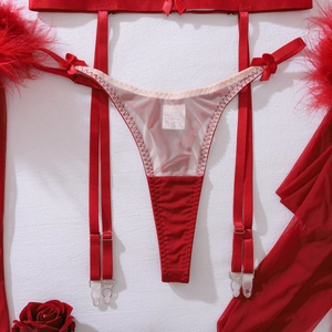 Detailed view of red lingerie thong and garter set with satin bows and mesh panels