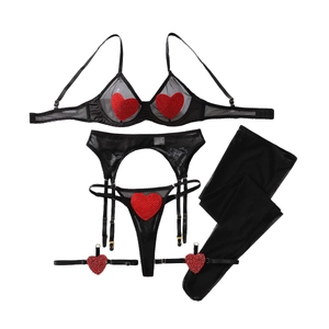 Five-piece sexy mesh lingerie set with red rhinestone hearts and stockings