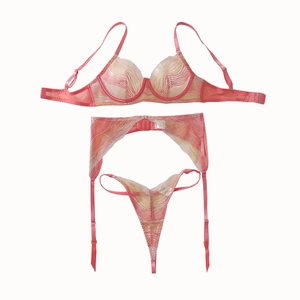Three-piece coral pink lingerie set with sheer mesh and wave texture gold embroidery