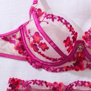 Detailed embroidery on sheer lace lingerie with floral patterns and jewel pendant