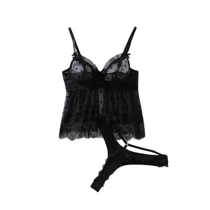 Set lingerie sexy in pizzo nero trasparente con maglia a pois e perizoma in vista piana