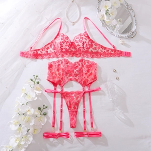 Detailed embroidery on sheer mesh lace lingerie set with heart patterns and garters